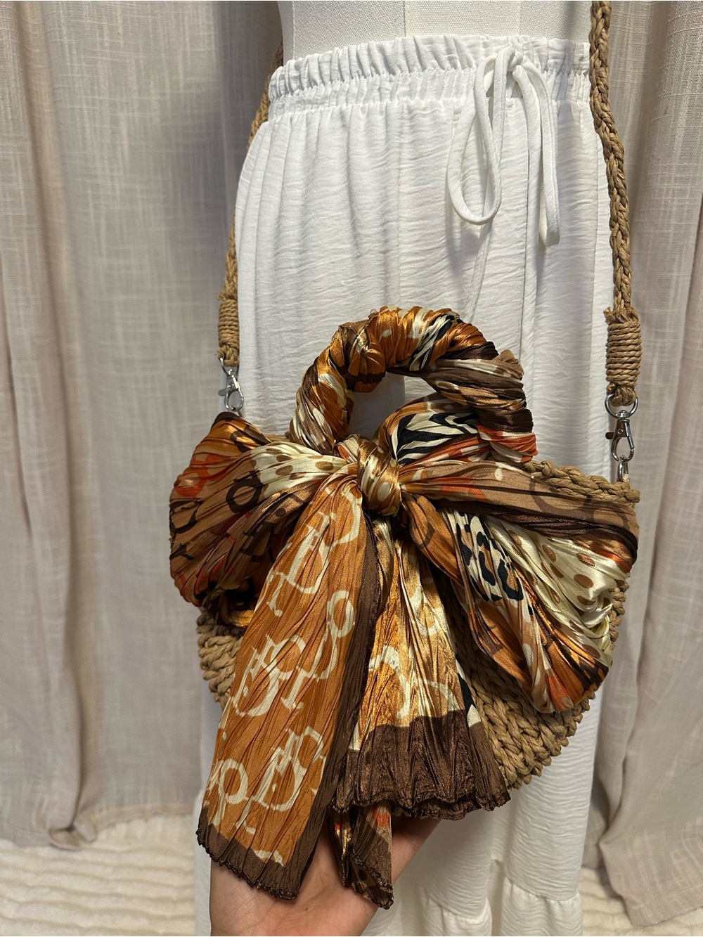 Structured Straw Tote with Orange Patterned Scarf Accent - Picture 7 of 7
